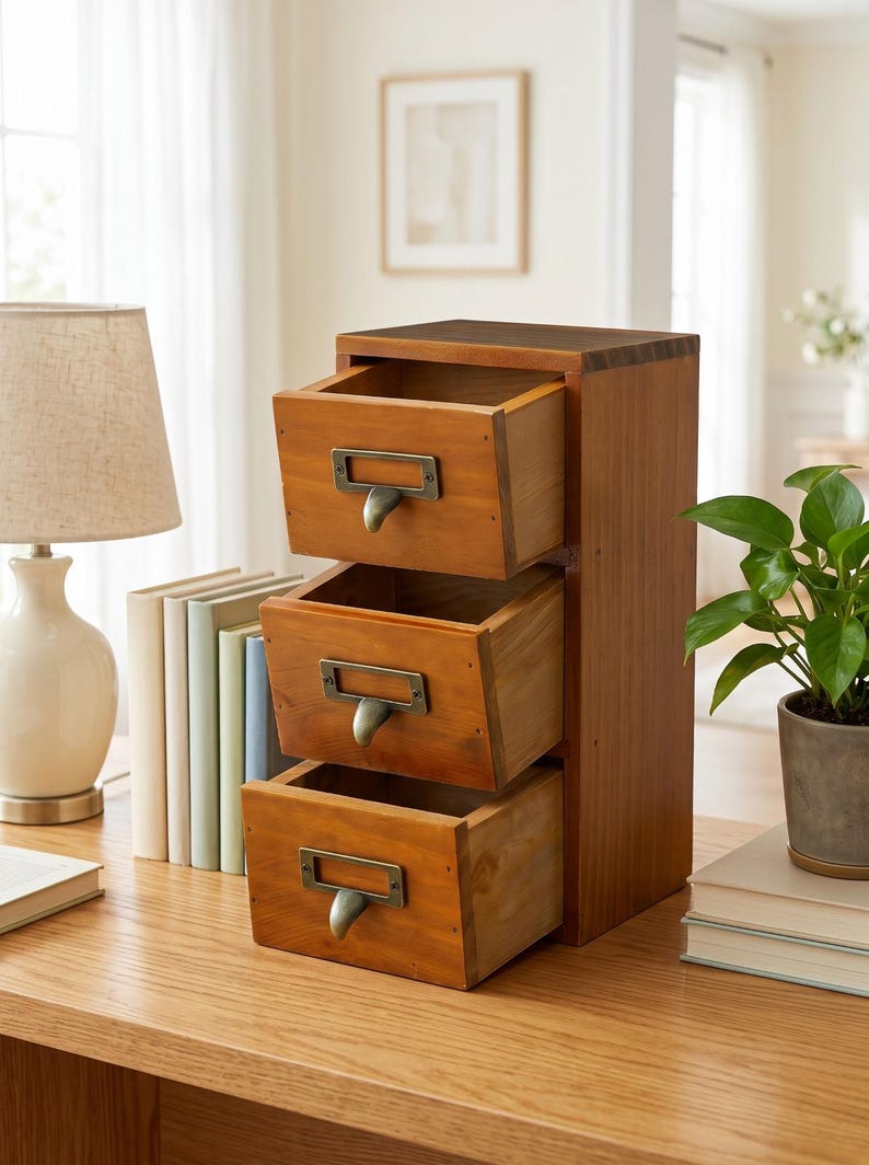 May include: A vertical wooden storage unit featuring three stacked drawers with a medium brown finish. Each drawer is equipped with a dark metal label holder and a curved pull handle, providing a functional organization solution for a desk or workspace.