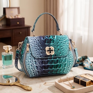 Puede incluir: Un bolso estructurado con textura de piel de cocodrilo en un degradado de azul turquesa y azul marino. El bolso cuenta con un asa superior, un cierre met&aacute;lico dorado en forma de tr&eacute;bol en la solapa frontal y herrajes dorados en los laterales.