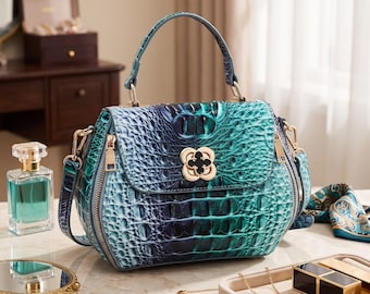 Crocodile Embossed Leather Handbag, Ombre Top Handle Purse, Four Leaf Clover Clasp Crossbody Bag, Structured Satchel, Luxury Gift for Her