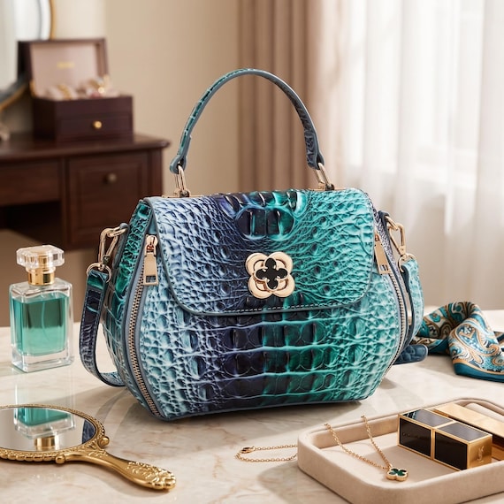 Crocodile Embossed Leather Handbag, Ombre Top Handle Purse, Four Leaf Clover Clasp Crossbody Bag, Structured Satchel, Luxury Gift for Her