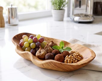 Hand Carved Wooden Serving Bowl, Live Edge Wood Fruit Bowl, Rustic Charcuterie Tray, Housewarming Gift, Farmhouse Kitchen Decor