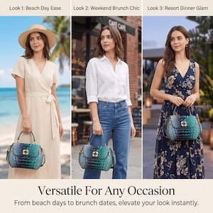 Puede incluir: Un bolso estructurado con textura de piel de cocodrilo en degradado azul verdoso y azul marino, con un cierre met&aacute;lico dorado. El bolso se muestra con tres atuendos: un vestido cruzado beige, una camisa blanca con vaqueros y un vestido floral.