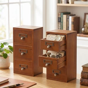 May include: Two vertical wooden storage units with three drawers each. The units feature a medium brown finish, antique-style metal label holders, and curved drawer pulls. One unit has two drawers open, revealing small items like cards and keys.