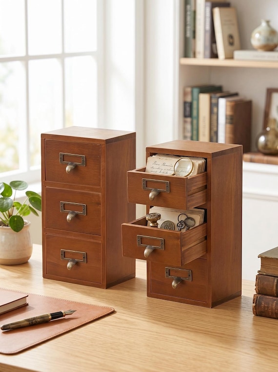 Vintage Wooden Desk Organizer 3 Drawers, Card Catalog Style Storage Box, Apothecary Drawer Chest, Jewelry Organizer, Farmhouse Decor