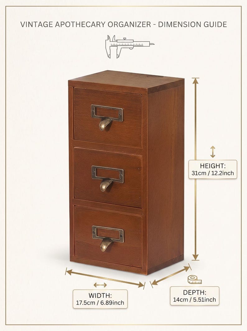 May include: A brown wooden apothecary organizer with three drawers, each featuring a brass-toned metal label holder and pull handle. The unit measures 12.2 inches in height, 6.89 inches in width, and 5.51 inches in depth, as shown in the dimension guide.