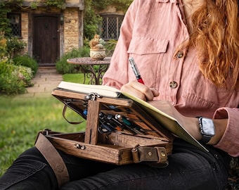 Estuche portátil de madera de nogal para escribir, estación de escritura con correa de cuero, caja de viaje para material artístico, caballete de sobremesa, regalo para escritores y artistas.