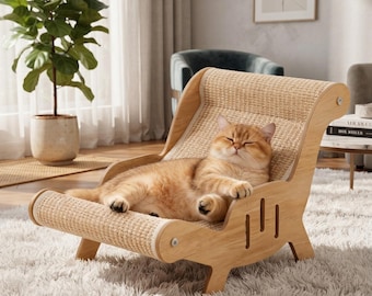 Sillón rascador para gatos, cama rascadora de madera y sisal para gatos, muebles modernos para gatos, tumbona estética para gatos, idea de regalo para amantes de los gatos