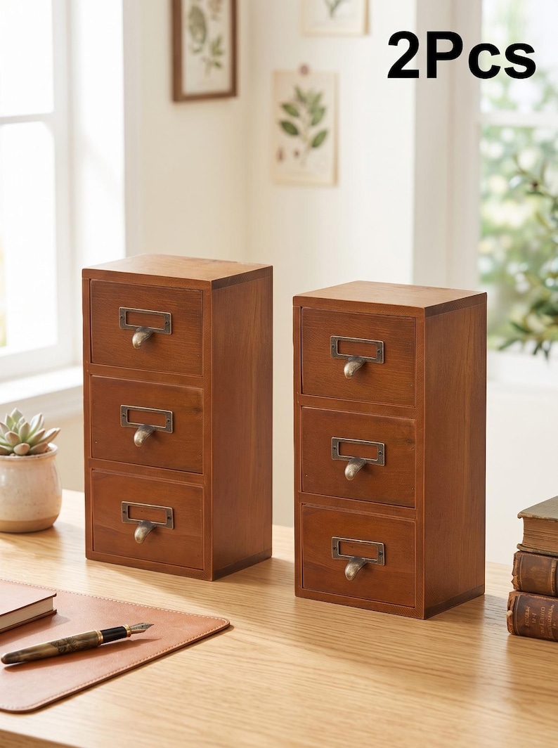 May include: Two wooden storage units, each featuring three stacked drawers with metal label holders and curved pulls. The text 2Pcs is visible in the upper right corner. These organizers have a medium brown wood finish and a vertical rectangular shape.