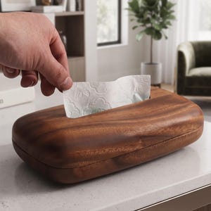 May include: A rectangular tissue box cover crafted from dark brown wood with a smooth, rounded edge design. The box features a central elongated opening on the top surface, through which a single white tissue with a subtle floral pattern is pulled.