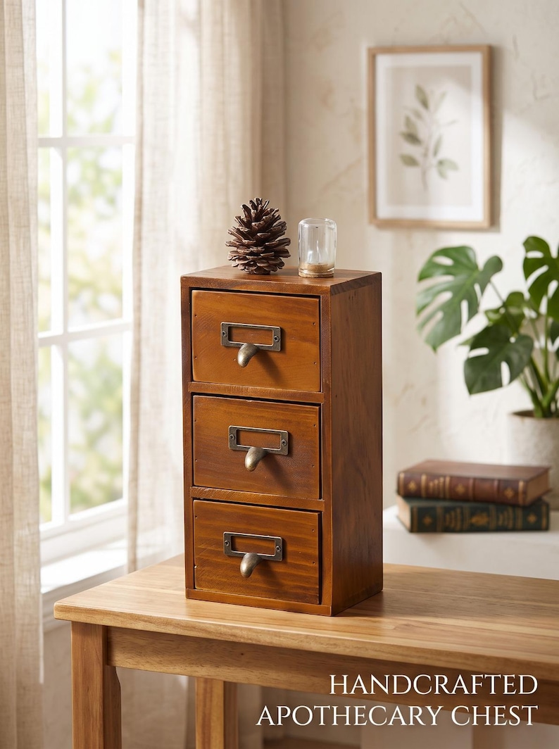 May include: A vertical wooden apothecary chest with three stacked drawers, each featuring a dark metal label holder and a curved pull handle. The chest has a medium brown wood grain finish and sits on a flat surface. Text reads HANDCRAFTED APOTHECARY CHEST.