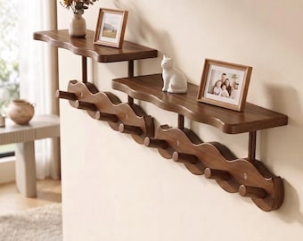 Perchero de madera de nogal con estante / Organizador de entrada de pared / Estante con ganchos ondulados de madera / Estante de almacenamiento para recibidor