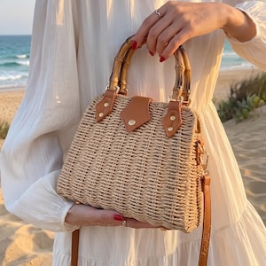 Bamboo Handle Straw Handbag, Woven Summer Tote Bag, Rattan Crossbody Purse, Cottagecore Beach Bag, Trendy Vacation Shoulder Bag Gift for Her
