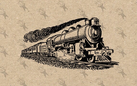 Retro Rysunek Pociąg Lokomotywy Steam Instant Download Cyfrowy Do Druku Czarno Biały Graficzny Scrapbooking Płótnie Kraft Totes Ręczniki Hq300