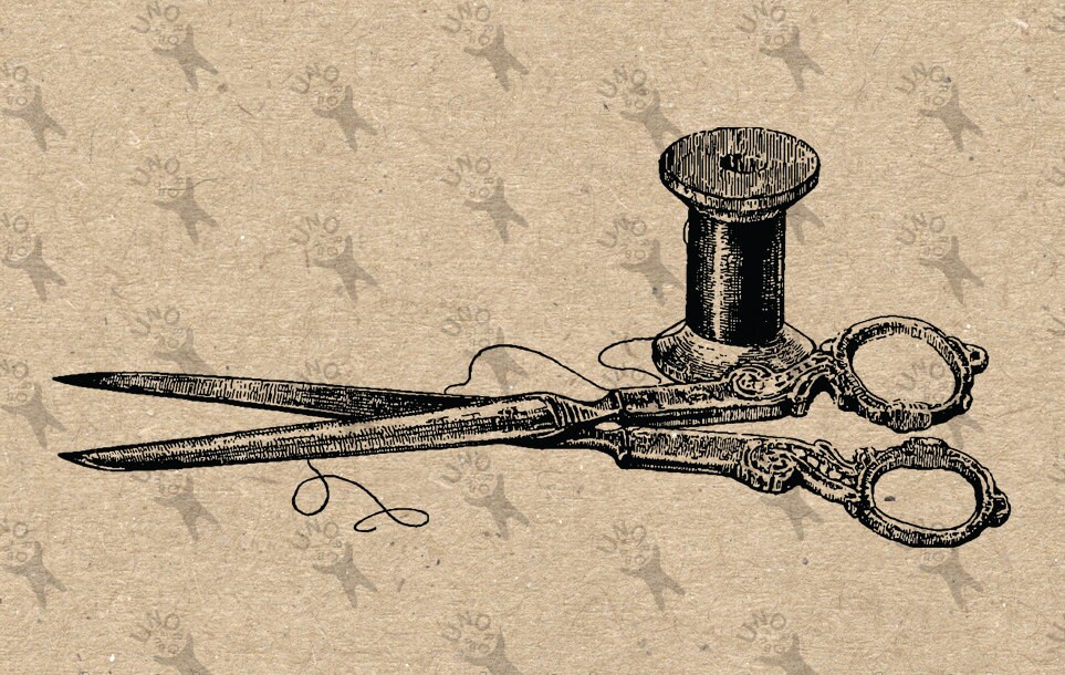 Antique image retro drawing Scissors Thread Bobbin Instant Etsy