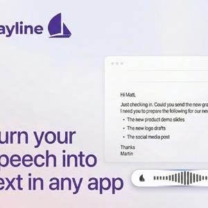 May include: A digital graphic promoting the Sayline app, with the text "Turn your speech into text in any app." A white digital notepad displays a message. The Sayline logo is a purple sailboat.