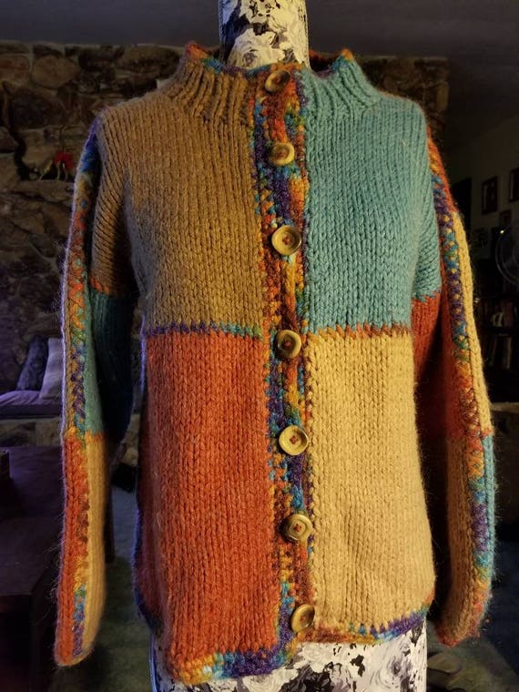 PeggeDesigns Fall Color Block Cardigan with Faux Wood Buttons