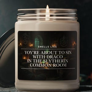 Peut inclure: Une bougie parfumée blanche dans un pot en verre avec un couvercle argenté. L'étiquette indique "Smells Like: You're About to Sin with Draco in the Slytherin Common Room". La bougie est allumée.