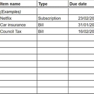 Könnte beinhalten: Eine Tabelle mit Spalten für Artikelname, Typ, Fälligkeitsdatum, Kosten, automatische Verlängerung, Notizen und Status. Beispiele: Netflix, Kfz-Versicherung, Grundsteuer, mit Statusindikatoren wie 'OK', 'dringend' und 'bald'.