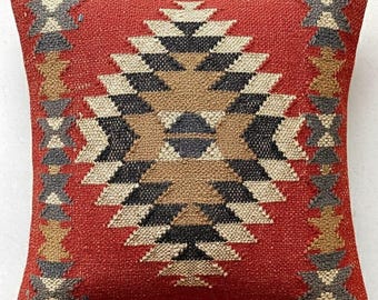 Funda de cojín tejida a mano, funda de almohada de algodón estilo boho tribal, almohada antigua, tejido plano, estampado Kilim, decoración del hogar