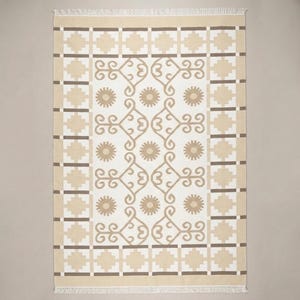 Alfombra artesanal Fusion Oushak Durrie de 5x8 pies - Alfombra geométrica estilo boho - Tejido plano artesanal de lana y algodón - Decoración moderna estilo boho para el hogar