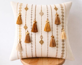 Embroidery weaving, Handwoven Cotton Cushion Cover, Bohemian Tribal Kilim Pillow, Embroidered Tassels Home Decor