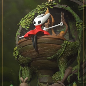 May include: A detailed 3D-rendered figurine of a character from the video game Hollow Knight. The character, wearing a red dress and white mask, sits on a wooden structure surrounded by green foliage. A lantern and other game elements are also present.