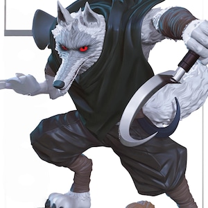 May include: A detailed figurine of a wolf-like character with white fur, red eyes, and a black cloak, holding a curved blade. The figure is posed dynamically, with a barrel and a hat at its feet.