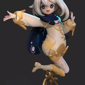 May include: A figurine of a character with white hair, blue eyes, and a gold crown. The character is wearing a white and gold outfit with a blue cape. The figurine is posed mid-air, supported by a gold base.