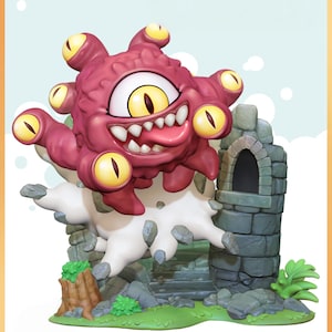 May include: A whimsical figurine of a cartoon monster with multiple yellow-eyed tentacles and a large central eye. The monster is a vibrant red color and is set against a stone castle backdrop with green foliage.