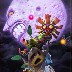 May include: A detailed figurine featuring a purple moon with a menacing face, a character wearing a mask, and a tree-like structure. The scene includes floating orbs and a dark, cloudy background, creating a fantasy theme.