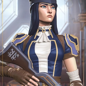May include: Illustration of a character in a blue and white uniform with gold accents, wearing a hat. The character is holding a rifle. The image has a gold border and a detailed background.