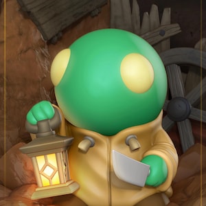 May include: A green character with yellow eyes and green hands, wearing a tan coat, holding a lantern and a knife. The background includes a wooden fence, a wagon wheel, and a rocky terrain.