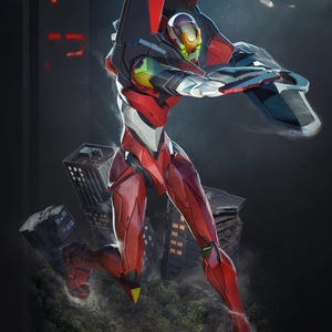 Puede incluir: Ilustración dinámica de una figura robótica roja y negra en un entorno futurista. La figura está en plena zancada, con un diseño detallado con ángulos agudos y acentos metálicos. El fondo incluye paisajes urbanos estilizados y un cielo oscuro y atmosférico.