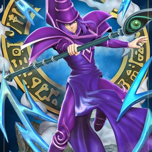 May include: Digital illustration of a character in a purple robe and hat, holding a staff with a green eye. The background features blue energy and a golden circular design with symbols.