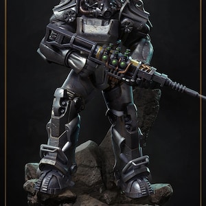 May include: A detailed statue of a figure in weathered, metallic power armor, holding a futuristic rifle. The armor is a dark gray with intricate mechanical details, standing on a rocky base. The rifle has green and gold accents.