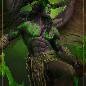 Peut inclure: Illustration numérique d'un démon musclé avec des cornes, des yeux et des marques verts. Il tient deux lames vertes et incurvées. Le personnage a de longs cheveux noirs et de grandes ailes, sur fond vert.