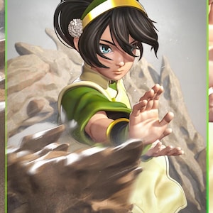 May include: Digital illustration of a character with dark hair, wearing a green and yellow outfit, and a gold headband. The character is posed with hands outstretched, seemingly manipulating earth. The background features a rocky landscape.