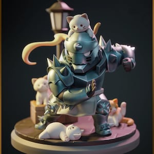 May include: A detailed figurine of a character in silver armor, with multiple small white and orange cats. One cat sits atop the character's head, while others are positioned around the base. A decorative lamp post is in the background.