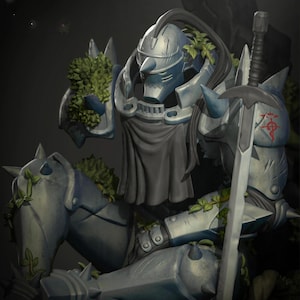 May include: A detailed statue of a knight in silver armor, adorned with green foliage. The knight is seated, holding a sword with a red emblem. The statue has a weathered appearance, suggesting age and exposure to the elements. The overall theme is fantasy and medieval.