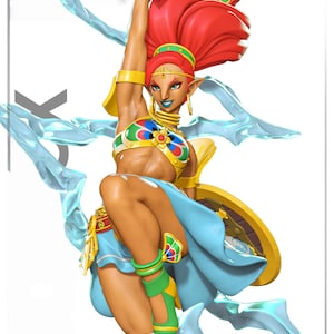 Puede incluir: Figura dinámica de un personaje femenino con cabello rojo, vestida con un atuendo colorido. Sostiene una espada dorada en alto, con efectos de energía azul a su alrededor. La figura está en una pose de acción dinámica.