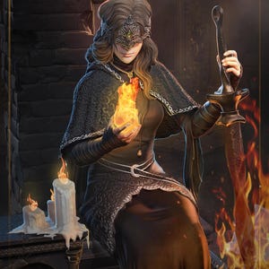 Op de afbeelding: Digitale illustratie van een vrouw in donkere kleding, die een vlammende bol en een zwaard vasthoudt. Ze draagt een decoratieve hoofdtooi en cape, met kaarsen en vlammen op de achtergrond. Het kunstwerk heeft een fantasiethema.