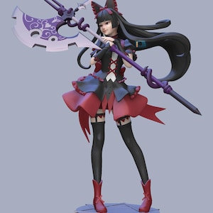 May include: A detailed figurine of a character in a black and red dress, holding a large purple and silver battle axe. The figure has long black hair and is wearing red boots. The figurine is standing on a gray platform.
