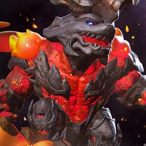 May include: A detailed digital rendering of a fantasy creature with a menacing appearance. The creature features a dark, textured exterior with fiery red and orange accents. It has large horns, glowing blue eyes, and a menacing mouth.