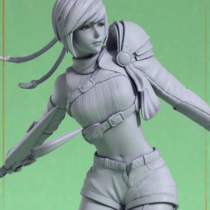May include: A gray figurine of a female character in a dynamic pose. She wears a short-sleeved top, shorts, and a jacket with shoulder armor. The figure holds a sword-like object and has short hair with two braids.