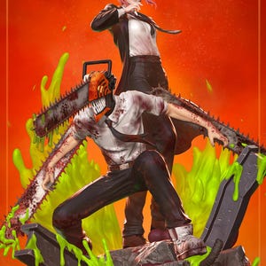 May include: A dynamic statue featuring two figures from the anime series, Chainsaw Man. One figure has a chainsaw head and arms, while the other stands behind. The background is a vibrant orange with green slime accents.