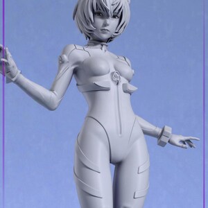 May include: A gray figurine of a female character with short, wavy hair and a form-fitting bodysuit. The figure has a serious expression and is posed with arms outstretched. The bodysuit has a zipper down the front and details on the arms and legs.