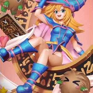 May include: A detailed figurine of a character from the Yu-Gi-Oh! anime series. The figure is in a dynamic pose, wearing a blue and pink outfit, and is surrounded by other character figures and props. The overall color scheme is vibrant and eye-catching.