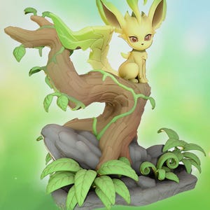 May include: A detailed figurine of a Leafeon character from the Pokemon series. The figure is perched on a stylized tree branch with green leaves and vines. The base is a gray rock formation with green foliage.