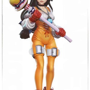 May include: A detailed figurine of a female character in an orange jumpsuit, red gloves, and boots. She holds a staff with a yellow and blue head. The figure has long black hair and a stern expression. The base is a textured, brown surface.