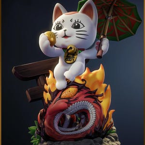 May include: A white Maneki-neko cat figurine holding a gold coin and a small parasol. The cat sits atop a red and orange dragon-like creature engulfed in flames. The figurine has a gold bell collar and is set against a dark background.